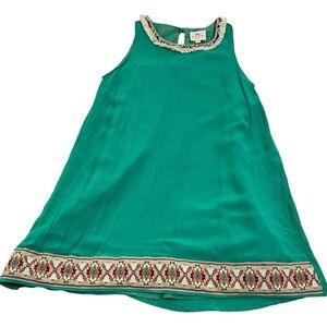 Hayden Green Dress Fringe Detail Neck Embroidered Ribbon Hemline Girls Size 9/10